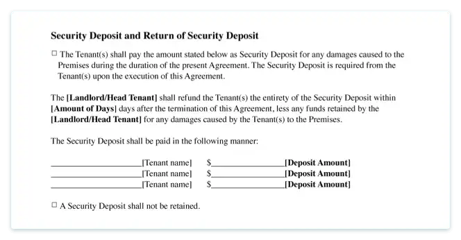 Room rental agreement Security deposit