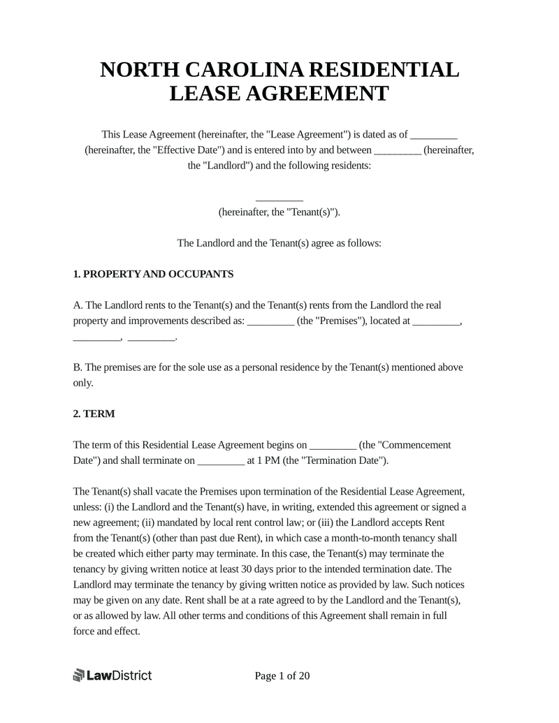 Residential Lease Agreement North Carolina Sample