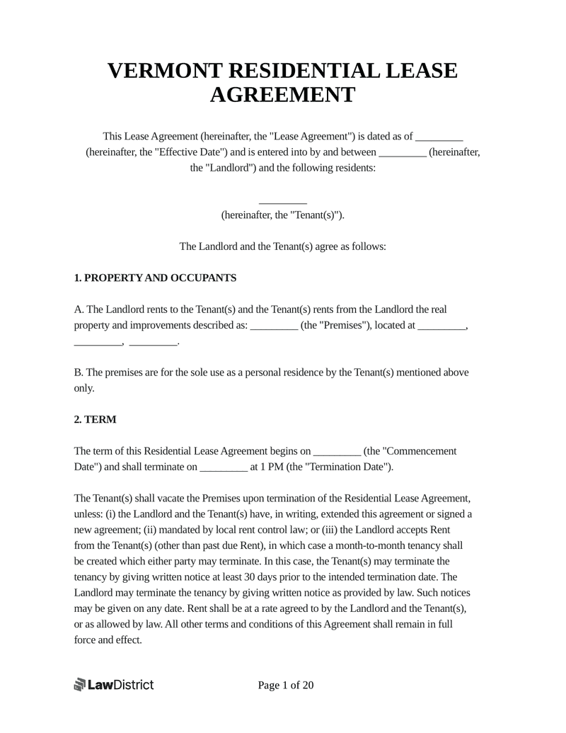 Vermont Residential Lease Agreement Sample 
