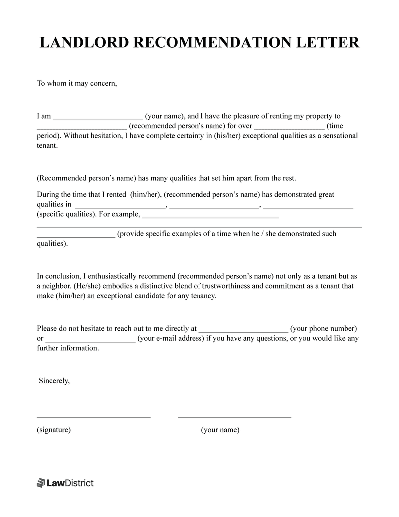 landlord recommendation letter sample