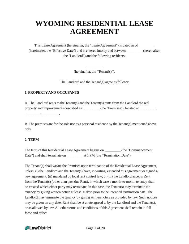 Wyoming Residential Lease Agreement Sample Template