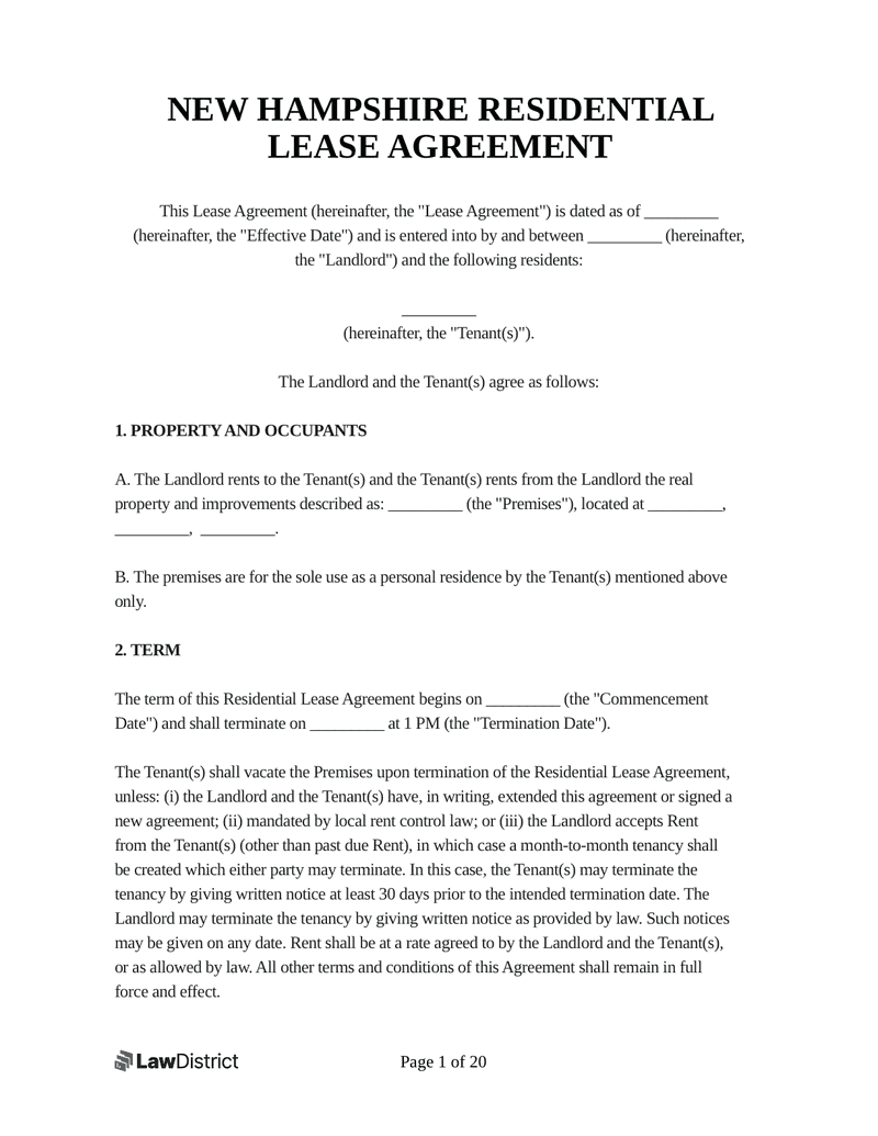 New Hampshire Residential Lease Agreement Sample