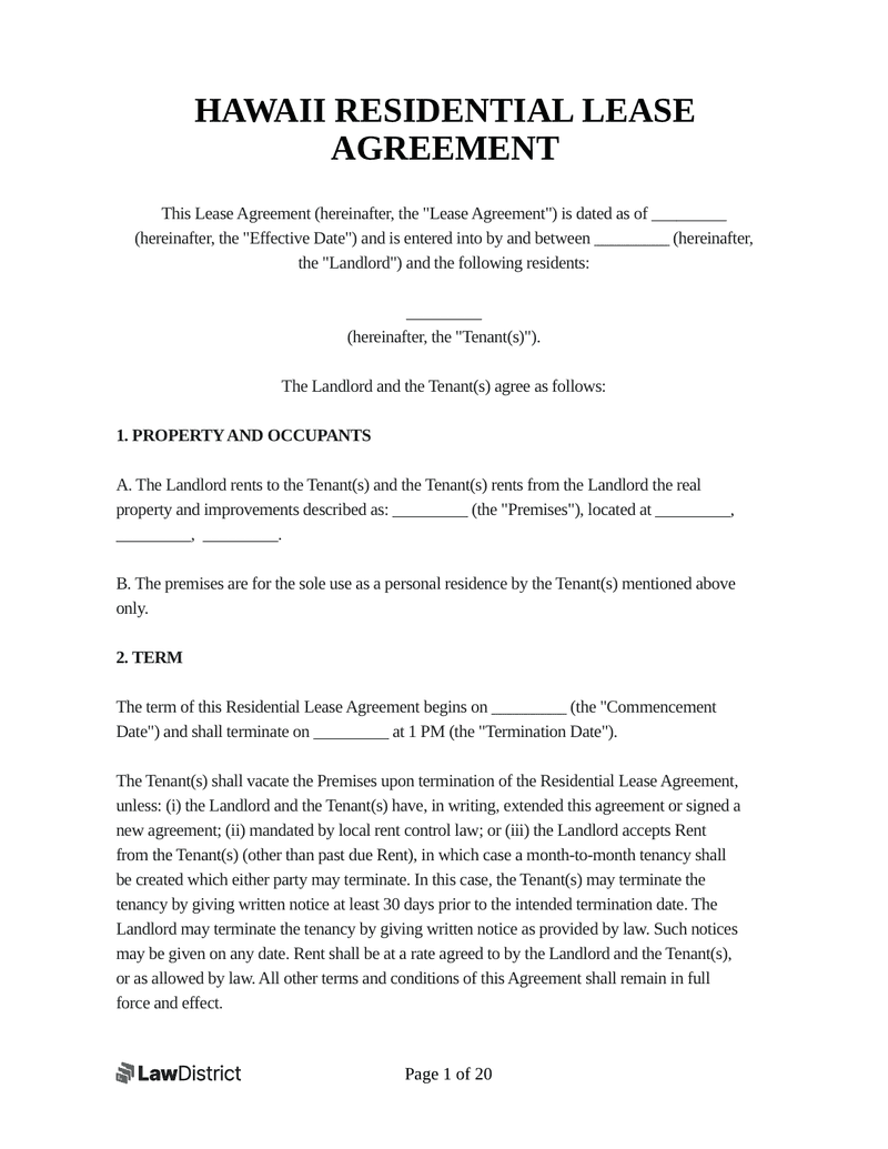 Hawaii Residential Lease Agreement Template