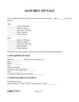 Free As-Is Bill of Sale | No Warranty BOS | Lawdistrict