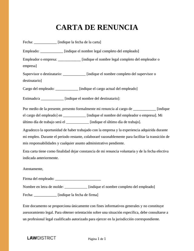 Ejemplo de Carta de Renuncia