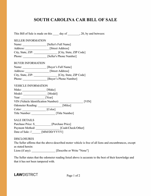 South Carolina Car Bill of Sale Sample