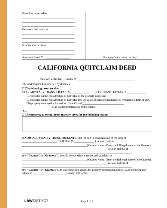 Printable California Quitclaim Deed Sample