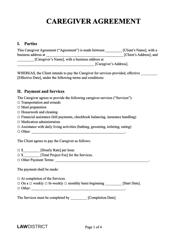 Caregiver Agreement Sample