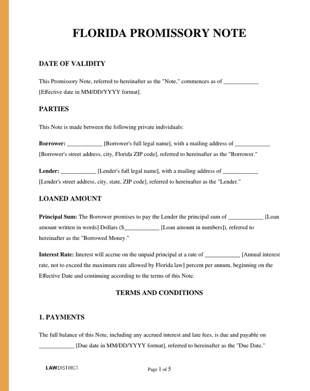 Florida Promissory Note Sample