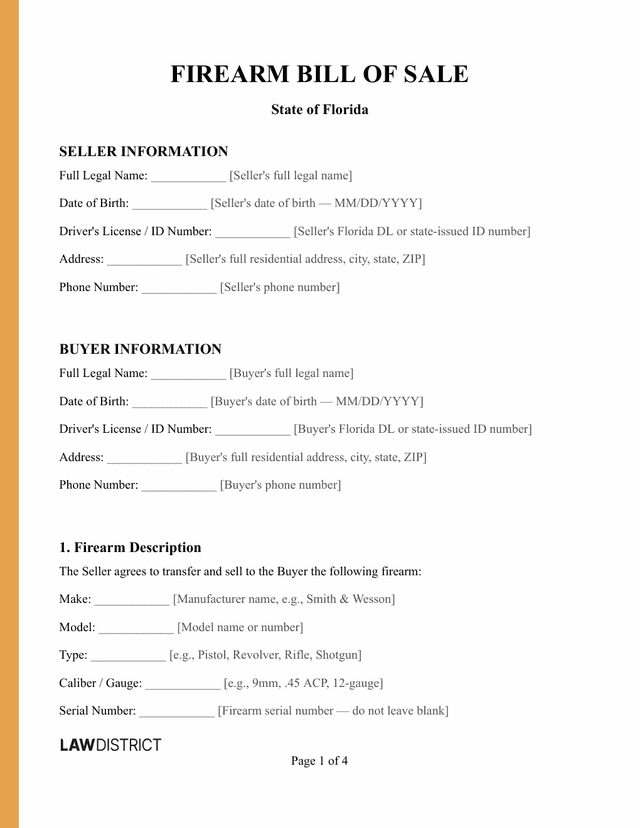 Florida Firearm Bill of Sale Sample