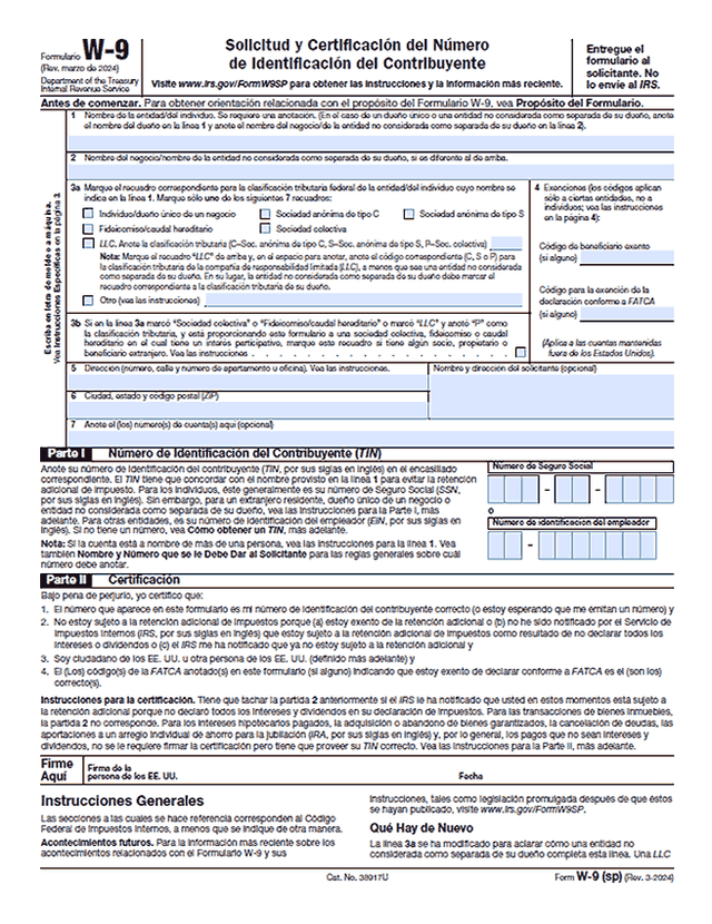 Plantilla Formulario W-9 del IRS en español