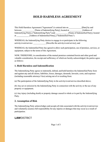 Hold Harmless (Indemnity) Agreement