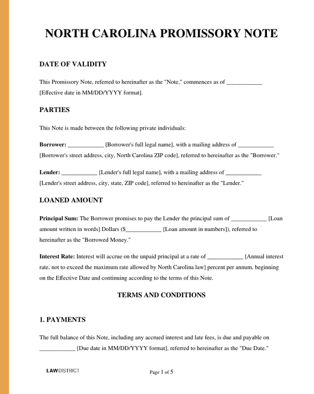 North Carolina Promissory Note Sample