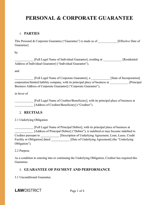 Sample Personal & Corporate Guarantee