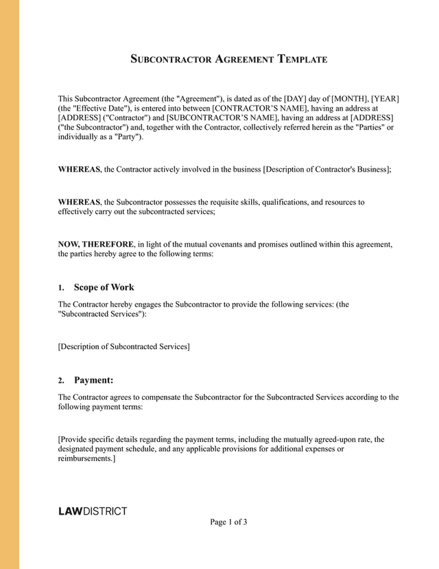 Subcontractor Agreement Template Sample