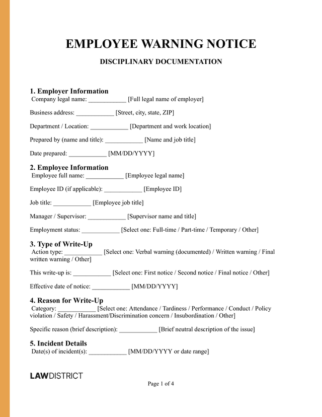 Employee Write-Up Form Sample