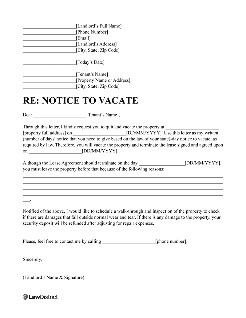 Notice to Vacate Template