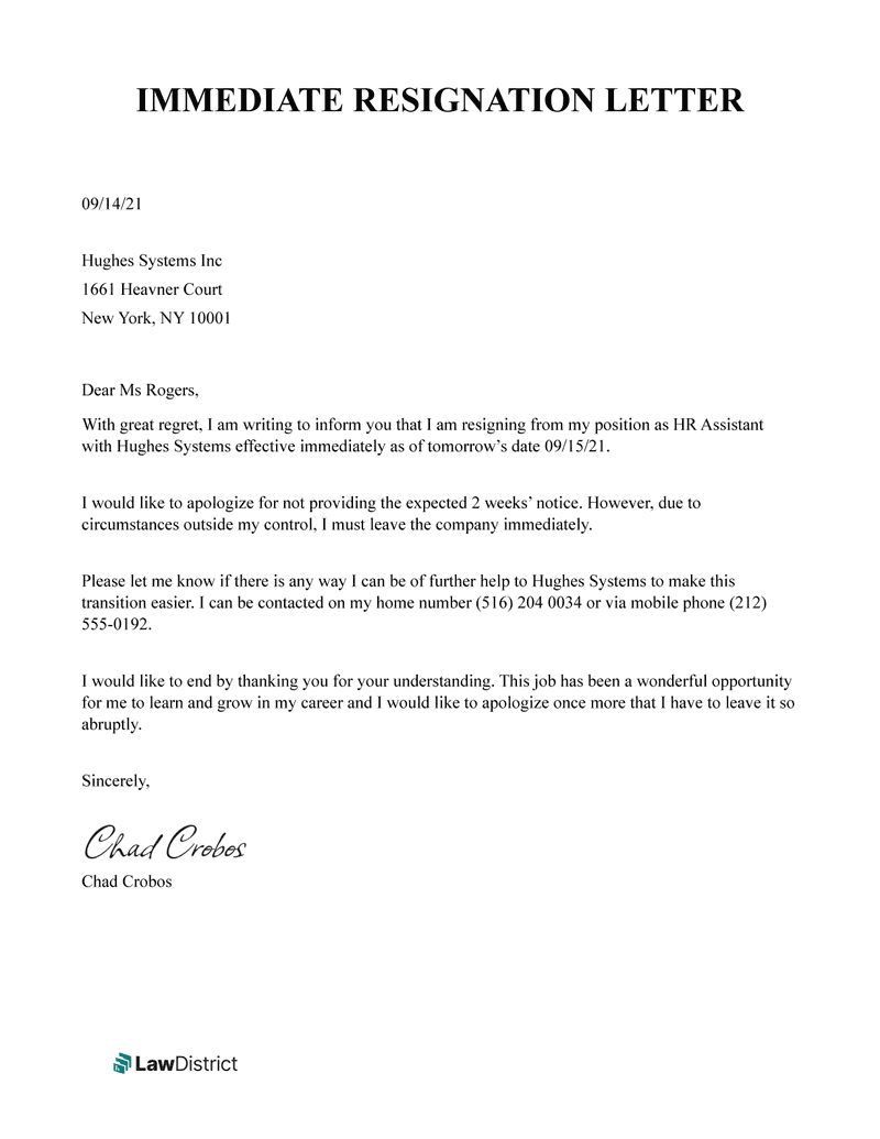 Immediate Resignation Letter Sample