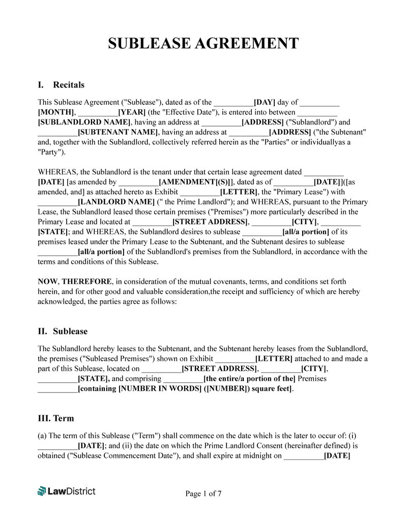 Sublease Agreement Sample