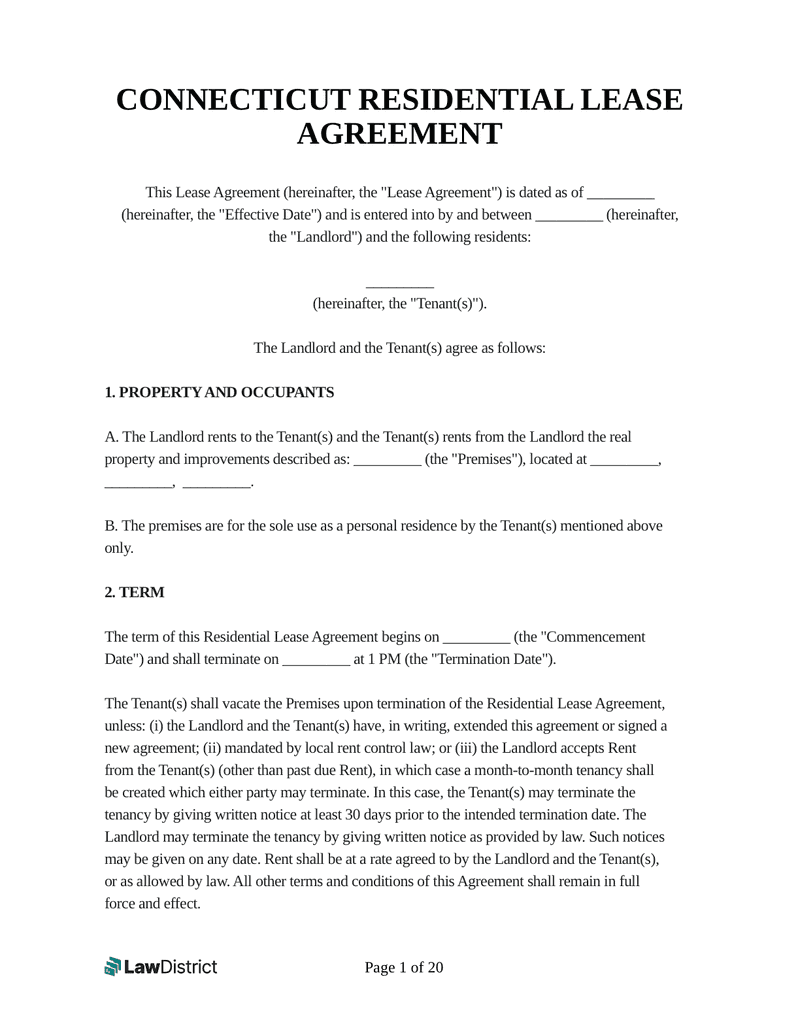 Residential Lease Agreement Connecticut Sample