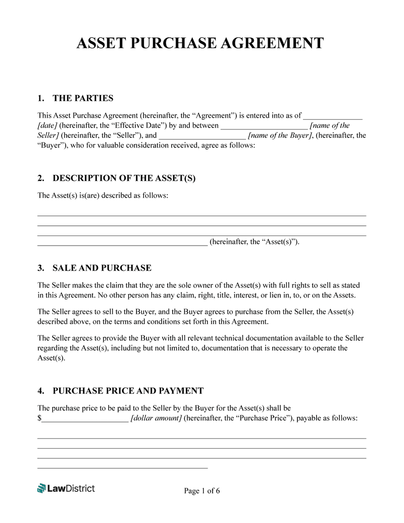 Asset Purchase Agreement Sample