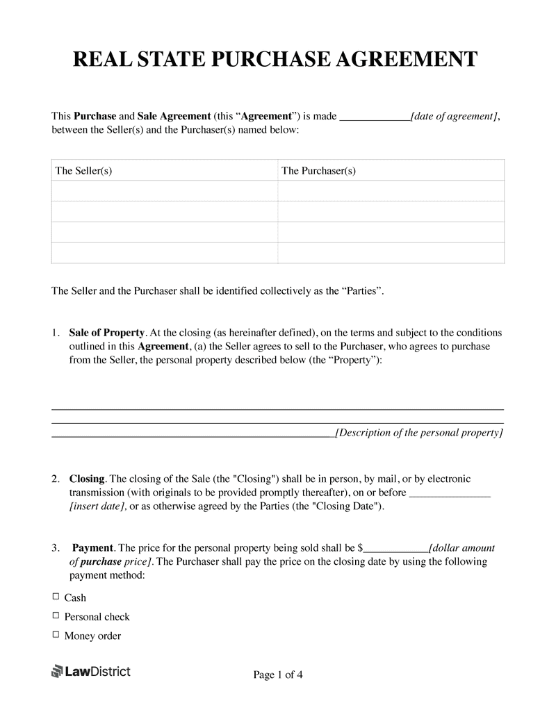 Real Estate Purchase Agreement Sample
