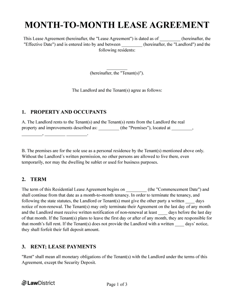 Month-to-Month Lease agreement template