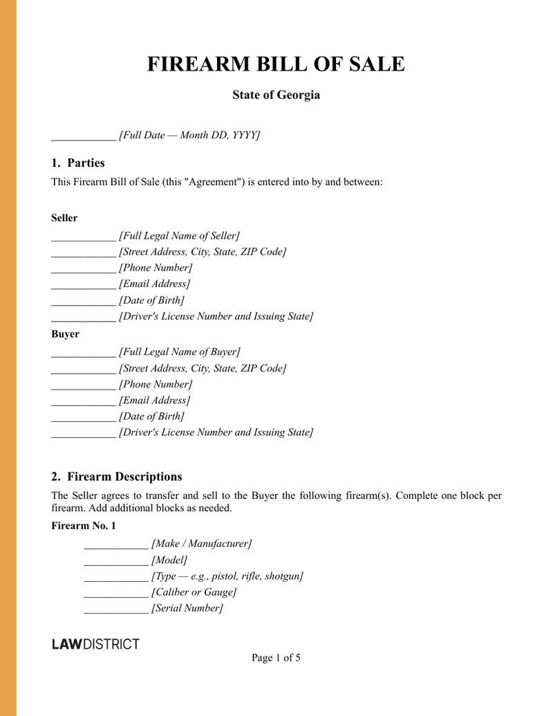Georgia Firearm Bill of Sale Sample