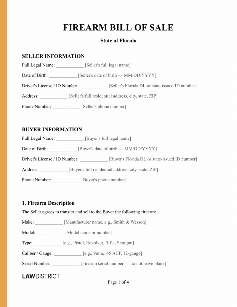 Florida Firearm Bill of Sale Sample