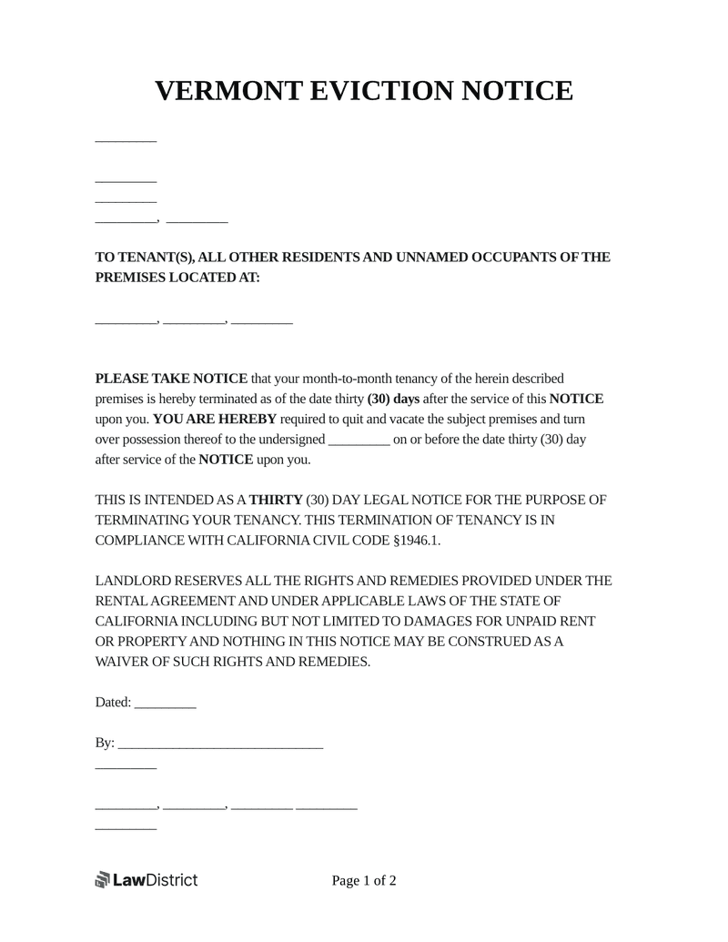 Vermont Eviction Notice Form