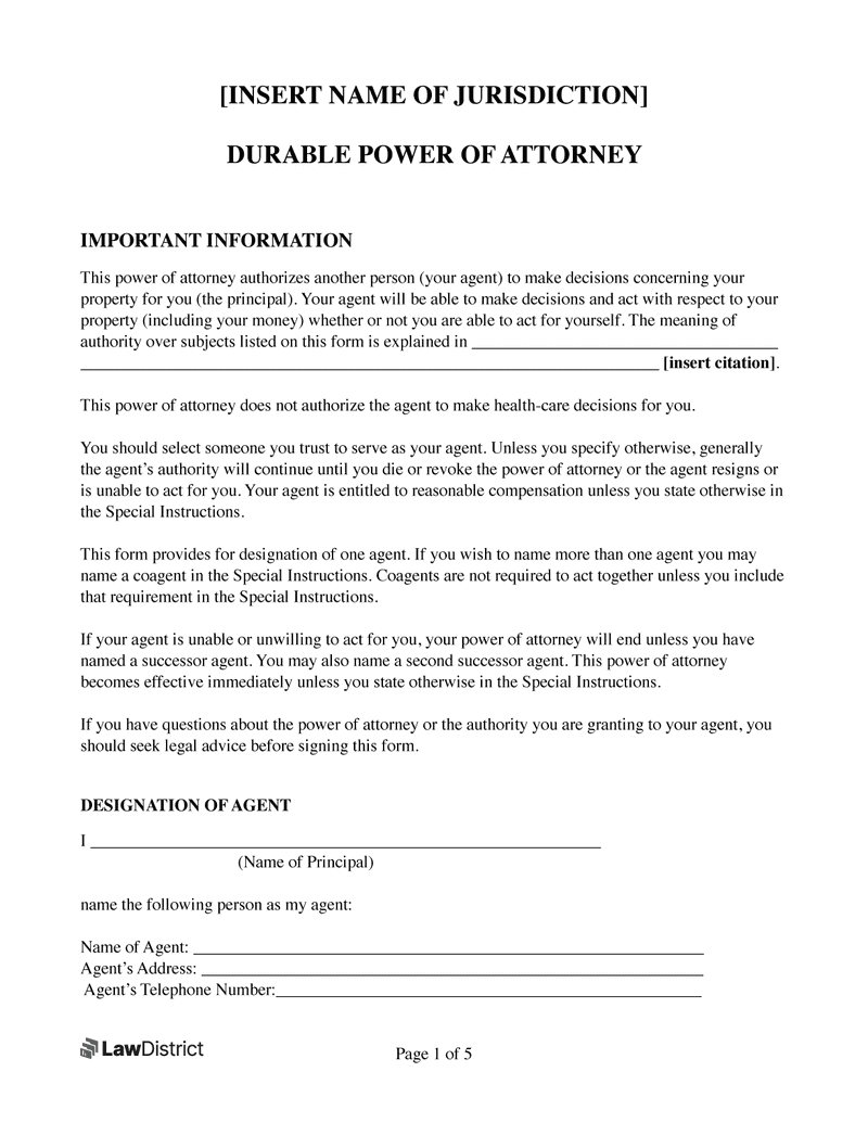 Durable Power of Attorney Sample Form