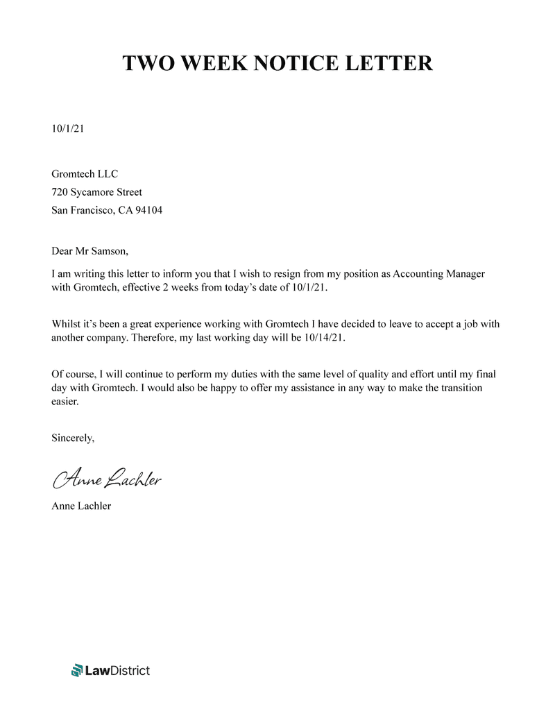 A sample of a two weeks notice letter