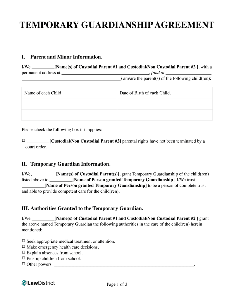 Printable Temporary Guardianship Form Free PDF Word LawDistrict