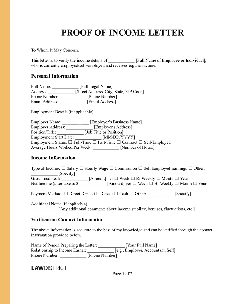 Proof of Income Letter Template Sample