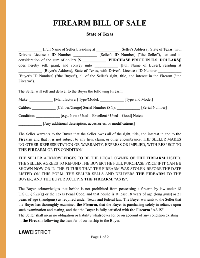 Texas Firearm Bill of Sale Sample