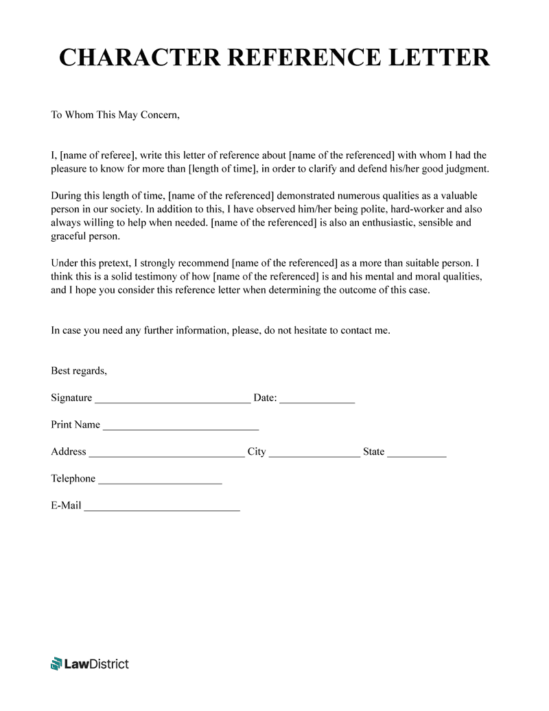 Character Reference Letter for Court Form