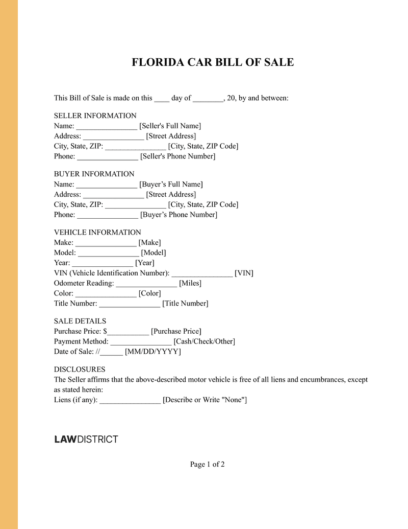 Florida Car Bill of Sale Sample