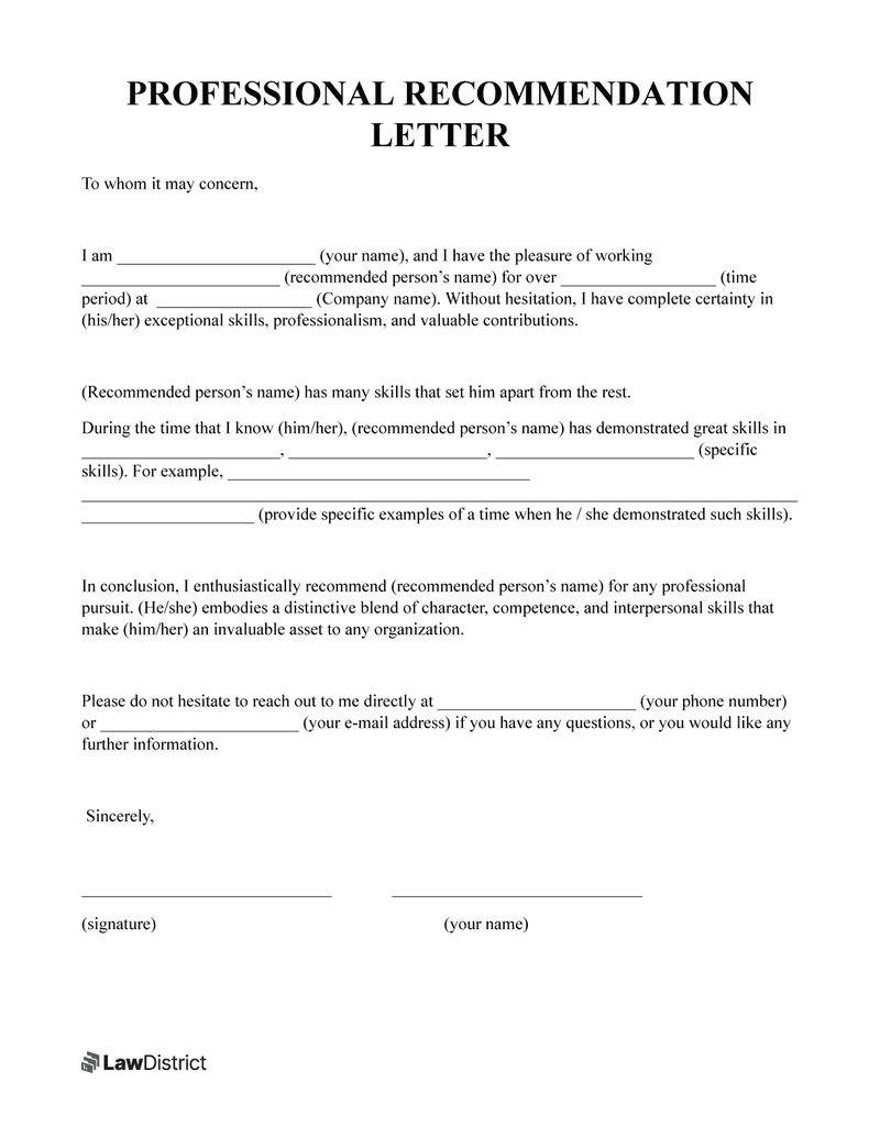 Professional recommendation letter sample