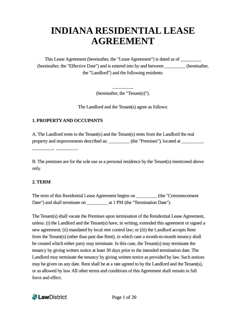 Indiana Residential Lease Agreement Template