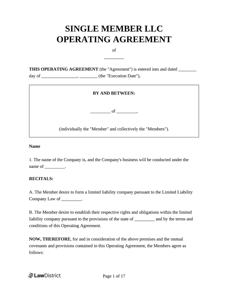 Single Member LLC Operating Agreement Template