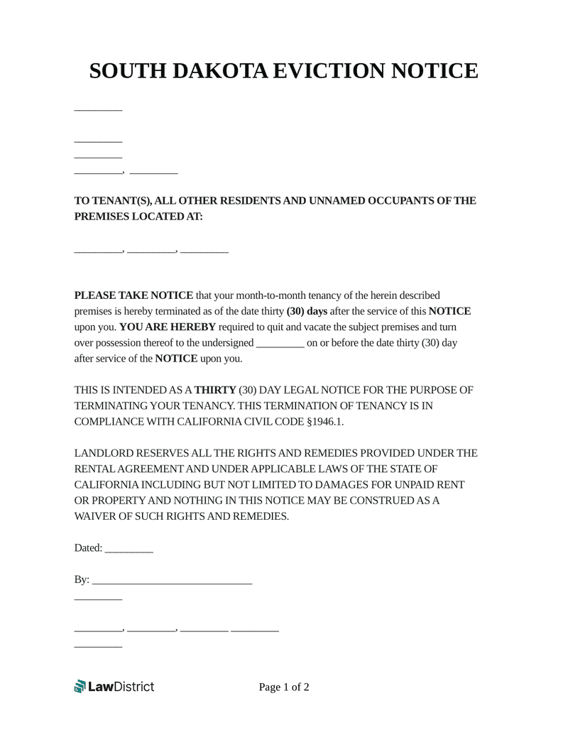 South Dakota Eviction Notice Form