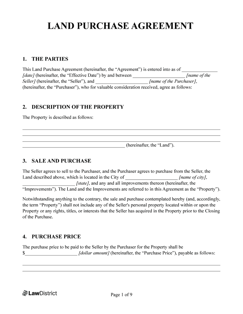 Land Purchase Agreement Sample