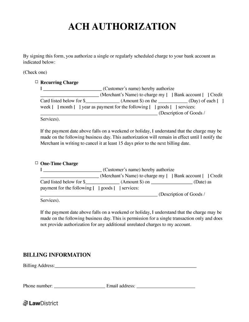 Free ACH Authorization Form Recurring Template LawDistrict