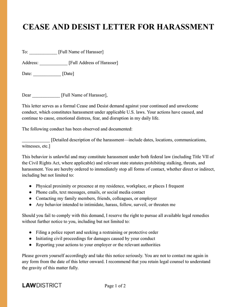 Cease and Desist Letter for Harassment Sample