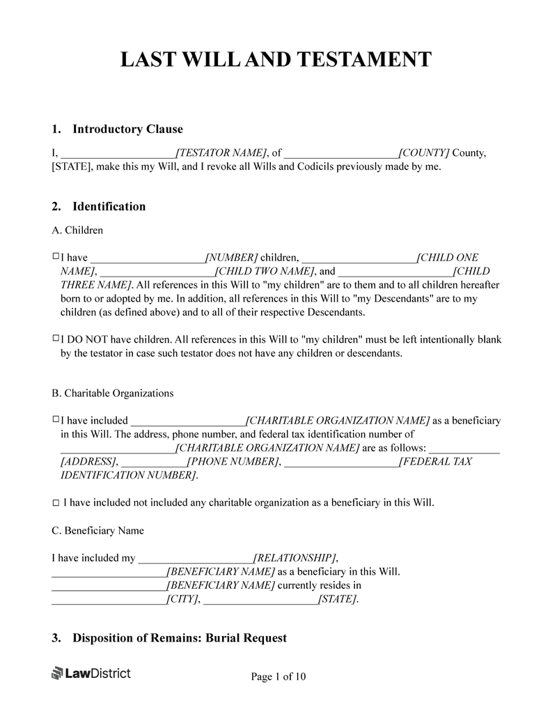 Free Last Will Testament Form Printable PDF Word LawDistrict